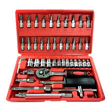 46pcs Socket & Screwdriver Bit Set - Professional Ratchet Wrench Tool Kit with Red Case